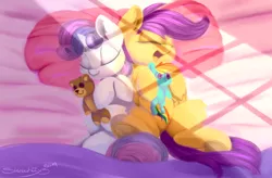 Size: 780x512 | Tagged: safe, artist:sketchiix3, derpibooru import, rainbow dash, scootaloo, sweetie belle, pegasus, pony, unicorn, bed, cute, cutealoo, diasweetes, duo, female, filly, pillow, plushie, pony holding plushie, sleeping, sweet dreams fuel, teddy bear, underhoof