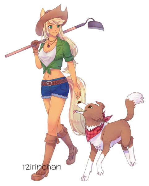 Size: 1280x1593 | Tagged: anthro, apple, applejack, artist:12irinchan, bandana, belly button, breasts, chest freckles, cleavage, clothes, colored pupils, cute, denim shorts, derpibooru import, dog, duo, eared humanization, female, food, freckles, front knot midriff, gloves, hoe, human, humanized, jackabetes, jewelry, midriff, necklace, plantigrade anthro, safe, shorts, tailed humanization, winona