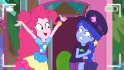 Size: 1280x720 | Tagged: safe, derpibooru import, screencap, pinkie pie, space camp (character), equestria girls, equestria girls series, five lines you need to stand in, spoiler:eqg series (season 2), background human, female, geode of sugar bombs, magical geodes, not luna, outhouse, surprised