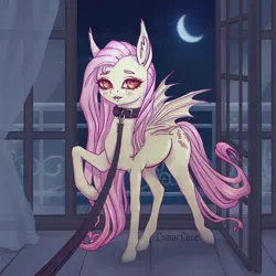 Size: 1200x1200 | Tagged: safe, artist:lunarlacepony, derpibooru import, fluttershy, bat pony, pony, bat ponified, collar, crescent moon, dominant pov, female, femsub, flutterbat, indoors, leash, looking at you, mare, moon, pet play, race swap, raised hoof, solo, submissive