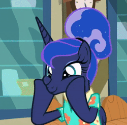 Size: 278x273 | Tagged: safe, derpibooru import, screencap, princess luna, alicorn, pony, between dark and dawn, alternate hairstyle, animated, barehoof, cheerful, clock, clothes, cropped, cute, excited, eyeshadow, female, gif, hair bun, hawaiian shirt, hooves on cheeks, indoors, lunabetes, makeup, mare, post office, shirt, smiling, solo, squishy cheeks, that pony sure does love the post office, too cute