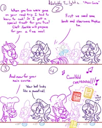 Size: 1280x1611 | Tagged: safe, artist:adorkabletwilightandfriends, derpibooru import, spike, starlight glimmer, twilight sparkle, twilight sparkle (alicorn), alicorn, dragon, pony, unicorn, comic:adorkable twilight and friends, adorkable twilight, bent over, bowl, cereal, cereal box, chef's hat, comic, cooking, dork, feast, food, hat, humor, kitchen, lineart, meal, napkin, silly, slice of life, spoon, table