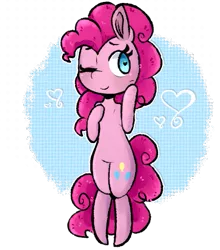 Size: 451x512 | Tagged: safe, artist:urbanqhoul, derpibooru import, pinkie pie, pony, abstract background, bipedal, cute, diapinkes, heart, heart eyes, one eye closed, solo, wingding eyes