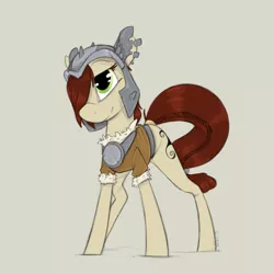 Size: 900x900 | Tagged: safe, artist:sinrar, derpibooru import, idw, steela oresdotter, pony, legends of magic, spoiler:comic, spoiler:comiclom2, braided tail, clothes, colored sketch, female, fur, helmet, mare, scar, simple background, solo