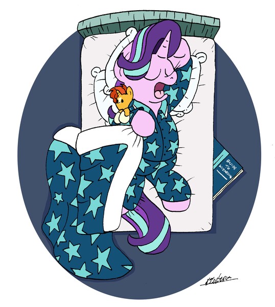 Size: 4887x5452 | Tagged: safe, artist:bobthedalek, derpibooru import, starlight glimmer, sunburst, pony, unicorn, absurd resolution, bed, book, clothes, crush plush, cute, female, glimmerbetes, implied shipping, implied starburst, implied straight, mare, not creepy, pajamas, plushie, seven, sleeping, snorelight glimmer, solo, starlight's room