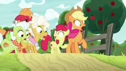 Size: 1920x1080 | Tagged: safe, derpibooru import, screencap, apple bloom, applejack, big macintosh, goldie delicious, granny smith, pony, going to seed, apple, apple tree, tree, varying degrees of want