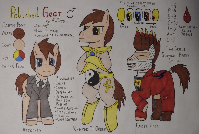 Size: 4532x3052 | Tagged: safe, artist:awgear, derpibooru import, oc, oc:polished gear, pony, blue eyes, body armor, brown mane, brown tail, clothes, male, multiple variants, raider, red eyes, reference sheet, stallion, suit, traditional art, trenchcoat, yellow eyes