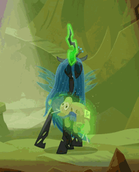 Size: 500x620 | Tagged: animated, better way to be bad, changeling, changeling queen, cropped, cute, cutealis, dancing, derpibooru import, female, frenemies (episode), gif, glowing horn, happy, horn, implied rarity, legion of doom, magic, queen chrysalis, rarity plushie, safe, screencap, silly changeling, smiling, solo, spinning, telekinesis, you spin me right round