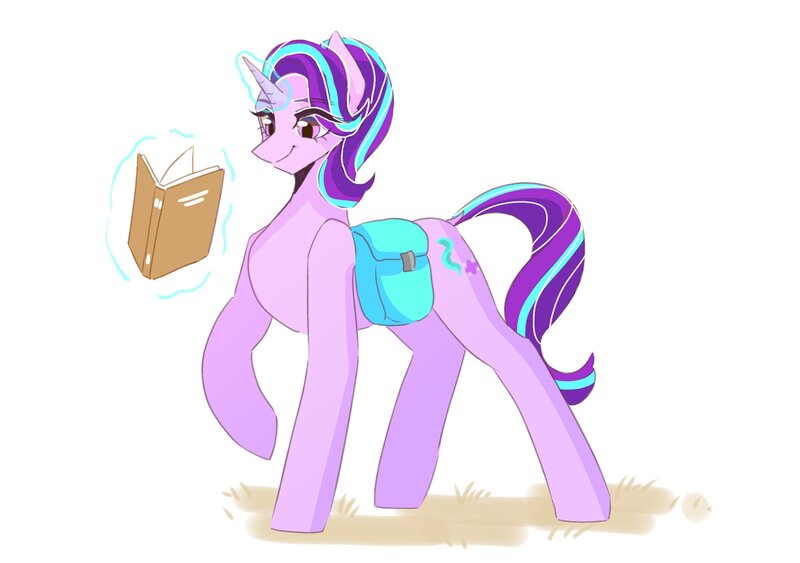 Size: 2048x1440 | Tagged: safe, artist:mlp_seamg, artist:seamaggie, derpibooru import, starlight glimmer, pony, unicorn, bag, book, cute, dock, eye clipping through hair, eyebrows visible through hair, female, glimmerbetes, glowing horn, horn, levitation, magic, mare, raised hoof, saddle bag, satchel, simple background, smiling, solo, telekinesis, white background