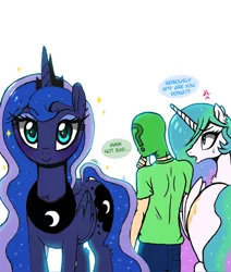 Size: 550x648 | Tagged: safe, artist:tsudashie, derpibooru import, princess celestia, princess luna, oc, oc:anon, alicorn, human, pony, butt, chest fluff, clothes, cross-popping veins, crown, dialogue, distracted, distracted boyfriend meme, ear fluff, female, human male, jewelry, leg fluff, looking back, male, mare, mask, meme, open mouth, pants, peytral, ponified meme, regalia, shirt, siblings, simple background, sisters, sunbutt, white background