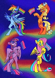 Size: 1280x1823 | Tagged: safe, artist:echobone, derpibooru import, applejack, fluttershy, rainbow dash, twilight sparkle, twilight sparkle (alicorn), alicorn, pony, bi twi, bilight sparkle, bipedal, bisexual pride flag, bisexuality, female, gay pride flag, headcanon, lesbian, lesbian pride flag, lgbt, lgbt headcanon, pride, pride flag, pride month, rainbow, sexuality headcanon, standing, transgender, transgender pride flag