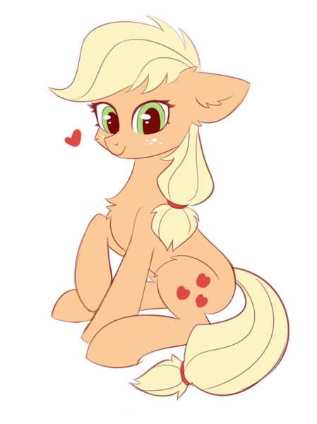 Size: 936x1252 | Tagged: safe, artist:kyrgyzpopstar, derpibooru import, applejack, pony, cheek fluff, chest fluff, cute, ear fluff, female, filly, hatless, heart, jackabetes, leg fluff, looking at you, missing accessory, simple background, sitting, solo, white background