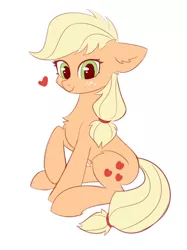 Size: 936x1252 | Tagged: safe, artist:kyrgyzpopstar, derpibooru import, applejack, pony, cheek fluff, chest fluff, cute, ear fluff, female, filly, hatless, heart, jackabetes, leg fluff, looking at you, missing accessory, simple background, sitting, solo, white background