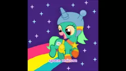 Size: 1280x720 | Tagged: artist needed, safe, derpibooru import, pony, unicorn, bag, helmet, looking back, rainbow, raised hoof, saddle bag, space, space unicorn, spacesuit, stars