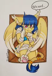 Size: 2368x3472 | Tagged: anthro, anthro oc, artist:twisted-sketch, bandage, behaving like a cat, box, commission, copic, cute, derpibooru import, egyptian, egyptian pony, embarrassed, eye of horus, gold, jewelry, mummy wrap, nya, oc, oc:shesta, on back, paw pads, paws, ring, safe, solo, sphinx, sphinx oc, stuck, toe beans, traditional art, trapped, underpaw, unofficial characters only, wings
