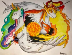 Size: 782x600 | Tagged: safe, artist:snowfairy86, derpibooru import, daybreaker, princess celestia, alicorn, pony, alter ego, duality, duo, female, mane of fire, mare, princess of the sun, signature, sun, traditional art