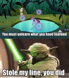 Size: 845x960 | Tagged: safe, derpibooru import, edit, edited screencap, screencap, twilight sparkle, zecora, unicorn, magic duel, caption, female, image macro, lightsaber, magic, mare, meme, star wars, telekinesis, text, unicorn twilight, weapon, yoda