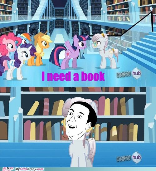 Size: 500x548 | Tagged: source needed, useless source url, safe, derpibooru import, edit, edited screencap, screencap, agate, amethyst maresbury, applejack, pinkie pie, rainbow dash, rarity, twilight sparkle, pony, the crystal empire, librarian, library, meme, my little brony, watermark, you don't say