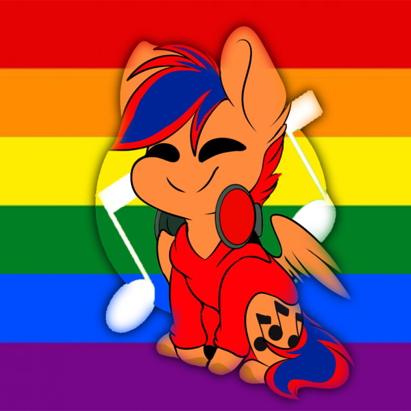 Size: 1519x1519 | Tagged: safe, derpibooru import, oc, unofficial characters only, pegasus, pony, bisexual, chibi, food, headphones, male, music notes, orange, pride, rainbow, red, smiling, solo, two toned mane