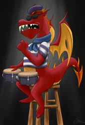 Size: 1981x2892 | Tagged: artist:oinktweetstudios, beatnik, bongos, derpibooru import, dragon, garble, safe, solo, stool, sunglasses, sweet and smoky