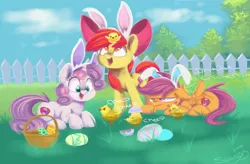 Size: 780x512 | Tagged: safe, artist:sketchiix3, artist:sketchy-the-pony, derpibooru import, apple bloom, scootaloo, sweetie belle, bird, chicken, earth pony, pegasus, pony, unicorn, basket, bunny ears, chick, cutie mark, cutie mark crusaders, easter, easter egg, female, fence, filly, floppy ears, heart, holiday, onomatopoeia, open mouth, prone, scootachicken, scootaloo is not amused, speech bubble, the cmc's cutie marks, trio, unamused