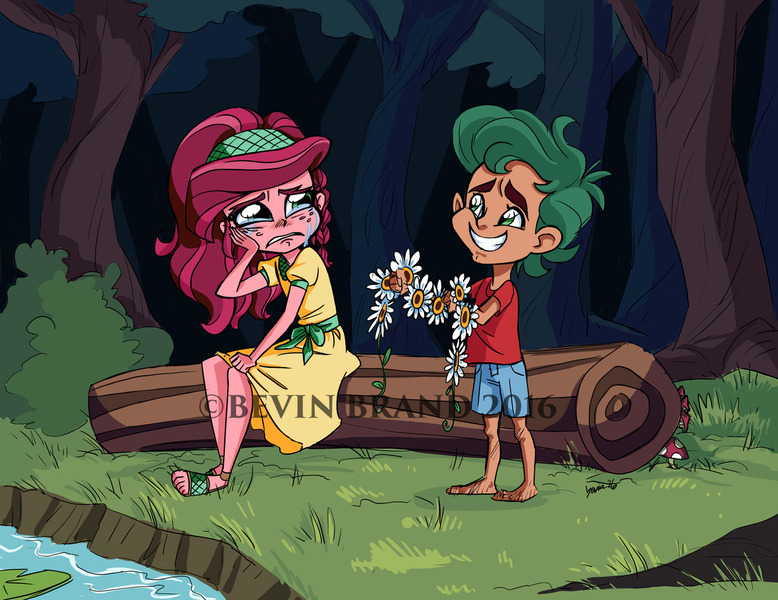 Size: 1280x987 | Tagged: safe, artist:bevin brand, deleted from derpibooru, derpibooru import, gloriosa daisy, timber spruce, equestria girls, brother and sister, clothes, crying, cute, feet, female, floral head wreath, flower, forest, legs, lilypad, male, male feet, obtrusive watermark, official fan art, shorts, siblings, timberbetes, water, watermark, younger