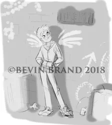 Size: 848x941 | Tagged: safe, artist:bevin brand, deleted from derpibooru, derpibooru import, flash sentry, equestria girls, equestria girls series, alleyway, clothes, graffiti, male, obtrusive watermark, official fan art, watermark, wings