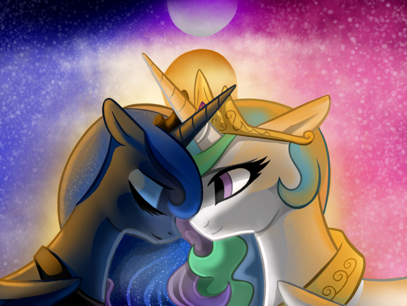 Size: 1024x772 | Tagged: safe, artist:sacredroses-art, derpibooru import, princess celestia, princess luna, alicorn, pony, duo, ethereal mane, eyes closed, female, floppy ears, horn, horns are touching, jewelry, mare, moon, regalia, royal sisters, siblings, sisters, smiling, starry mane, stars, sun