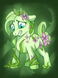 Size: 2048x2732 | Tagged: semi-grimdark, artist:sacredroses-art, derpibooru import, oc, unofficial characters only, earth pony, pony, abstract background, body horror, female, floppy ears, flower, goretober, mare, parasitic plant, plant, solo, tangled up, vine, worried