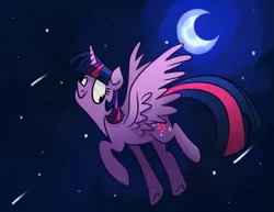 Size: 1027x793 | Tagged: safe, artist:amazingbutterfingers, artist:butterfingersart, derpibooru import, twilight sparkle, twilight sparkle (alicorn), alicorn, pony, crescent moon, eye clipping through hair, female, looking down, mare, moon, raised hoof, shooting star, smiling, solo, space, spread wings, stars, wings