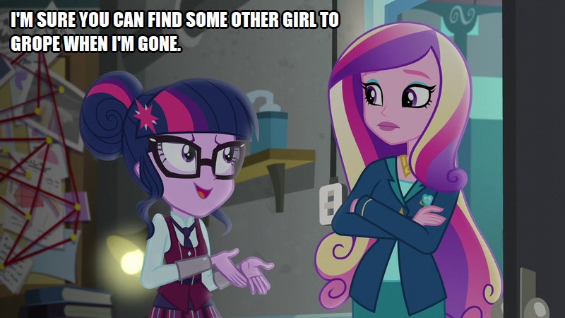 Size: 800x450 | Tagged: suggestive, derpibooru import, edit, edited screencap, screencap, princess cadance, sci-twi, twilight sparkle, equestria girls, friendship games, caption, grope, image macro, text