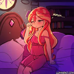 Size: 750x750 | Tagged: safe, artist:lumineko, derpibooru import, sci-twi, sunset shimmer, twilight sparkle, equestria girls, bed, blushing, bookshelf, clothes, cute, female, lesbian, morning ponies, one eye closed, pillow, sci-twi's room, scitwishimmer, shimmerbetes, shipping, sitting, sleeveless, solo focus, sunsetsparkle