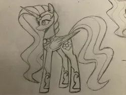 Size: 4032x3024 | Tagged: safe, artist:ponime11, derpibooru import, oc, oc:morning star, alicorn, pony, female, mare, monochrome, solo, traditional art