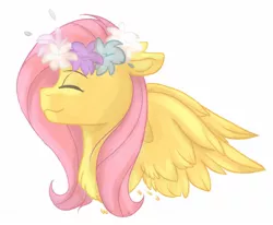 Size: 1280x1056 | Tagged: safe, artist:mariashapony, derpibooru import, fluttershy, pegasus, pony, bust, chest fluff, cute, eyes closed, female, floppy ears, floral head wreath, flower, mare, petals, profile, shyabetes, simple background, smiling, solo, white background