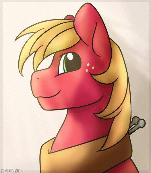 Size: 946x1080 | Tagged: safe, artist:mariashapony, derpibooru import, big macintosh, earth pony, pony, abstract background, cute, looking at you, looking sideways, macabetes, male, profile, smiling, solo, stallion