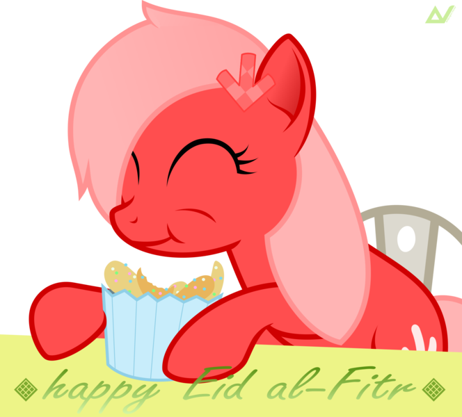 Size: 1801x1628 | Tagged: safe, artist:arifproject, derpibooru import, oc, oc:downvote, ponified, unofficial characters only, earth pony, pony, derpibooru, derpibooru ponified, eating, eid al-fitr, eyes closed, food, holding, malaysia, meta, simple background, solo, text, transparent background, vector