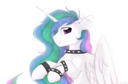 Size: 1920x1262 | Tagged: safe, artist:mariashapony, derpibooru import, princess celestia, alicorn, pony, barbell piercing, bracelet, choker, ear piercing, earring, eyebrows visible through hair, female, jewelry, lidded eyes, looking at you, mare, missing accessory, piercing, punk, punklestia, raised hoof, simple background, smiling, solo, spiked choker, spiked wristband, white background, wristband