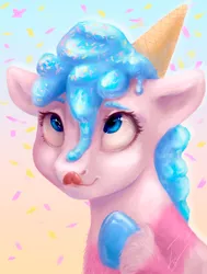 Size: 2894x3833 | Tagged: safe, artist:гусь, derpibooru import, ponified, earth pony, food pony, original species, pony, candy, female, food, ice cream, ice cream cone, ice cream mane, licking, licking lips, mare, simple background, smiling, solo, sprinkles, tongue out, whipped cream