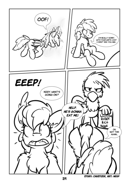 Size: 2894x4093 | Tagged: safe, artist:moemneop, derpibooru import, oc, oc:kami, oc:lukida, oc:sebastian, bat pony, gryphon, pony, comic:lukida's trip to the lunar republic, female, lukami, mare, monochrome