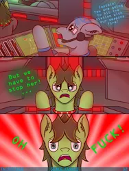 Size: 3024x4032 | Tagged: safe, artist:tacomytaco, derpibooru import, oc, oc:captain conray, oc:eickland, unofficial characters only, earth pony, pony, comic:space floofs, bipedal, clothes, comic, male, swearing, sweat, text, uniform, vulgar