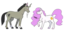 Size: 4309x2000 | Tagged: safe, artist:9centschange, derpibooru import, discord, princess celestia, earth pony, pony, unicorn, colored hooves, crooked horn, disguise, dislestia, duo, earth pony celestia, female, horn, male, mare, pink-mane celestia, pony discord, shipping, simple background, socks (coat marking), stallion, straight, transparent background