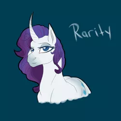 Size: 2350x2350 | Tagged: safe, artist:xxhuntersguardianxx, derpibooru import, part of a set, rarity, pony, unicorn, blue background, coat markings, curved horn, female, horn, lidded eyes, looking at you, mare, raised eyebrow, redesign, simple background, solo