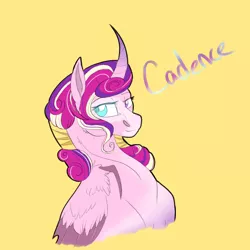 Size: 2350x2350 | Tagged: safe, artist:xxhuntersguardianxx, derpibooru import, part of a set, princess cadance, alicorn, pony, bust, coat markings, colored wings, curved horn, female, hair tie, heterochromia, horn, lidded eyes, looking sideways, mare, redesign, simple background, solo, wing claws, wings, yellow background