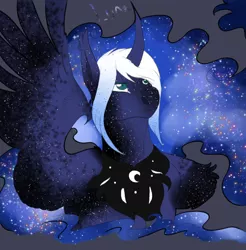 Size: 2310x2350 | Tagged: safe, artist:xxhuntersguardianxx, derpibooru import, part of a set, princess luna, alicorn, pony, bust, curved horn, ear fluff, ethereal mane, female, galaxy mane, gray background, horn, mare, missing accessory, one wing out, peytral, redesign, simple background, slit eyes, solo, starry mane, starry wings, stars, white mane, wings