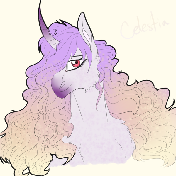 Size: 2350x2350 | Tagged: safe, artist:xxhuntersguardianxx, derpibooru import, part of a set, princess celestia, pony, bust, cheek fluff, chest fluff, coat markings, colored horn, curved horn, ethereal mane, female, hair over one eye, horn, lidded eyes, looking at you, mare, missing accessory, redesign, simple background, solo, white background