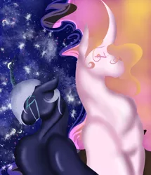 Size: 3616x4196 | Tagged: safe, artist:xxhuntersguardianxx, derpibooru import, princess celestia, princess luna, alicorn, pony, bust, crying, curved horn, duo, ethereal mane, eyes closed, female, galaxy mane, hair over one eye, horn, mare, missing accessory, redesign, siblings, sisters, starry mane, stray strand