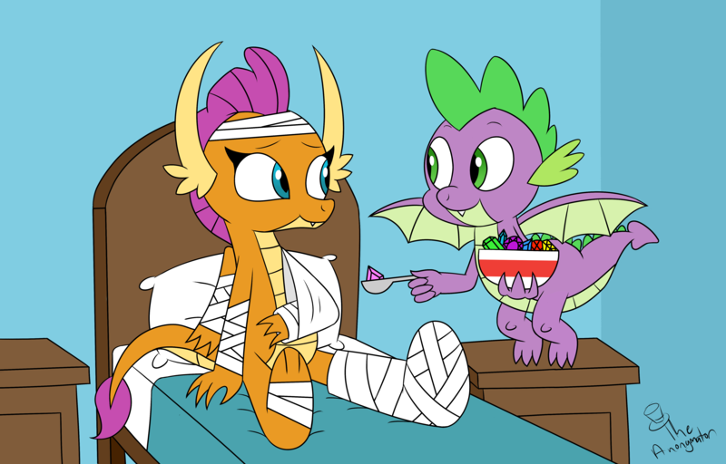 Size: 5127x3279 | Tagged: artist:noidavaliable, bandage, bandaged wing, bed, bowl, broken arm, broken leg, derpibooru import, dragon, female, gem, gemstones, injured, injured wing, male, safe, shipping, smolder, spike, spolder, straight, winged spike, wings