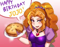 Size: 800x627 | Tagged: adagio dazzle, artist:tzc, clothes, commission, derpibooru import, food, happy birthday, human, humanized, looking at you, open mouth, pie, safe, solo