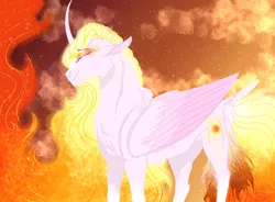 Size: 3186x2350 | Tagged: safe, artist:xxhuntersguardianxx, derpibooru import, daybreaker, alicorn, pony, cheek fluff, chest fluff, cloud, curved horn, eyebrows visible through hair, eyes closed, female, fire, floppy ears, horn, mane of fire, mare, missing accessory, smiling, solo, stars, tail feathers