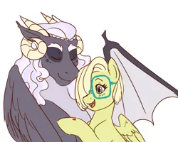 Size: 1511x1207 | Tagged: safe, artist:miatsukyyy, derpibooru import, oc, oc:florencia, oc:lux, unofficial characters only, dracony, dragon, hybrid, pony, female, interspecies offspring, male, offspring, parent:discord, parent:fluttershy, parent:princess luna, parent:spike, parents:flutterspike, parents:lunacord, simple background, white background